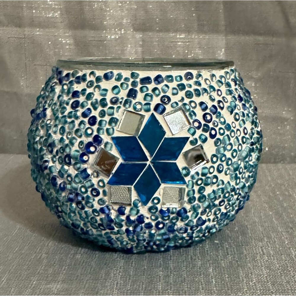 Handmade Blue & White Small Mosaic Glass Votive Candle Holder Decor Star Bead